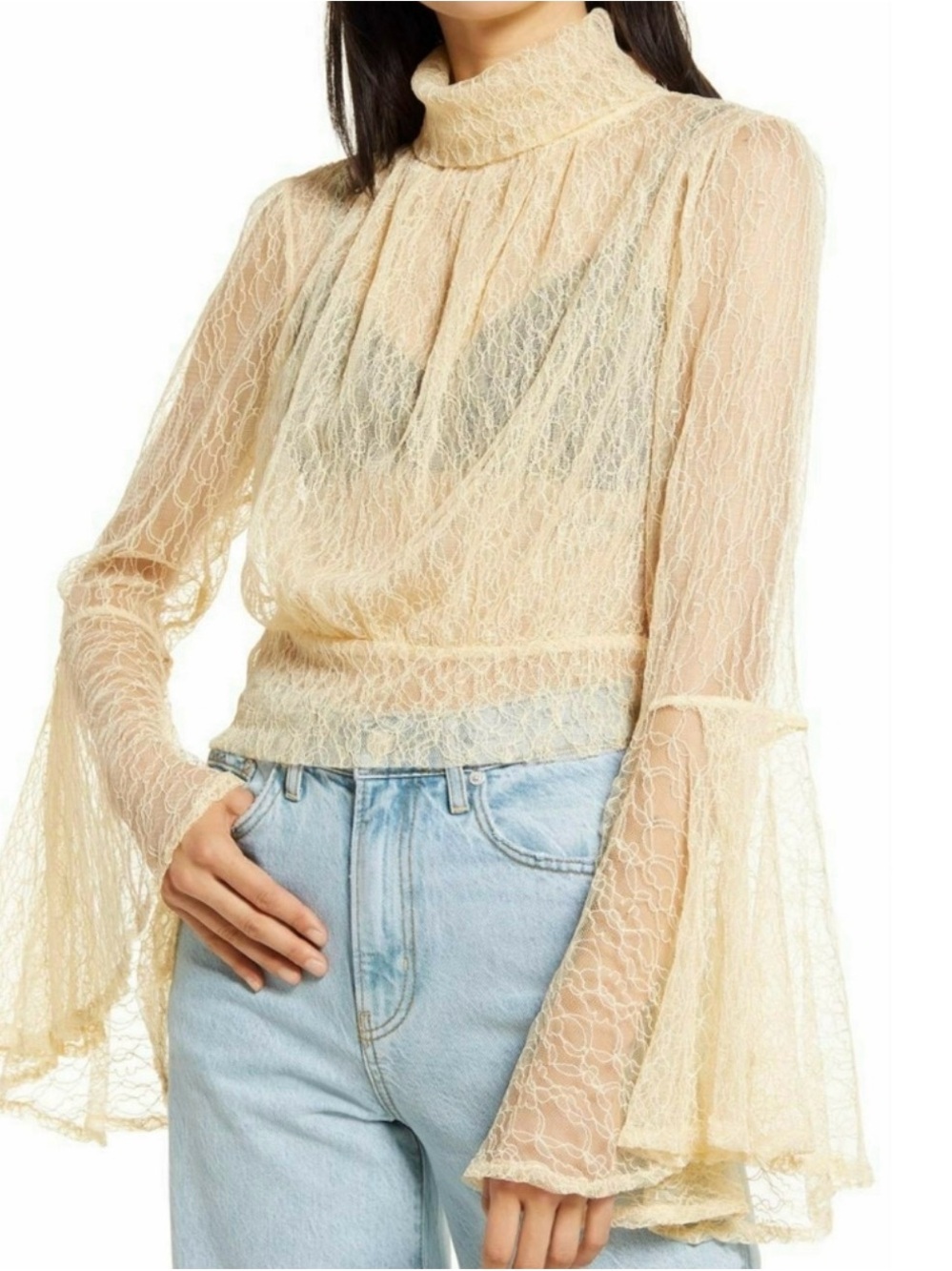 Free People Sheer Lace High-Neck Blouse in Cream